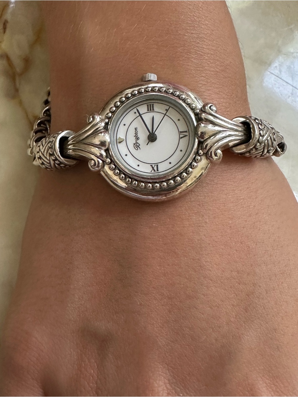 Brighton Silver-Tone Ornate Link Women's Watch with White Dial